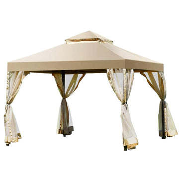 10 フィート x 10 フィート ベージュ 屋外パティオ ガゼボ キャノピー ポリエステル屋根とメッシュカーテン付き